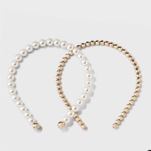 A New Day Beaded Headband Set 2 Pieces White Pearl and Gold NWT All Hair Types